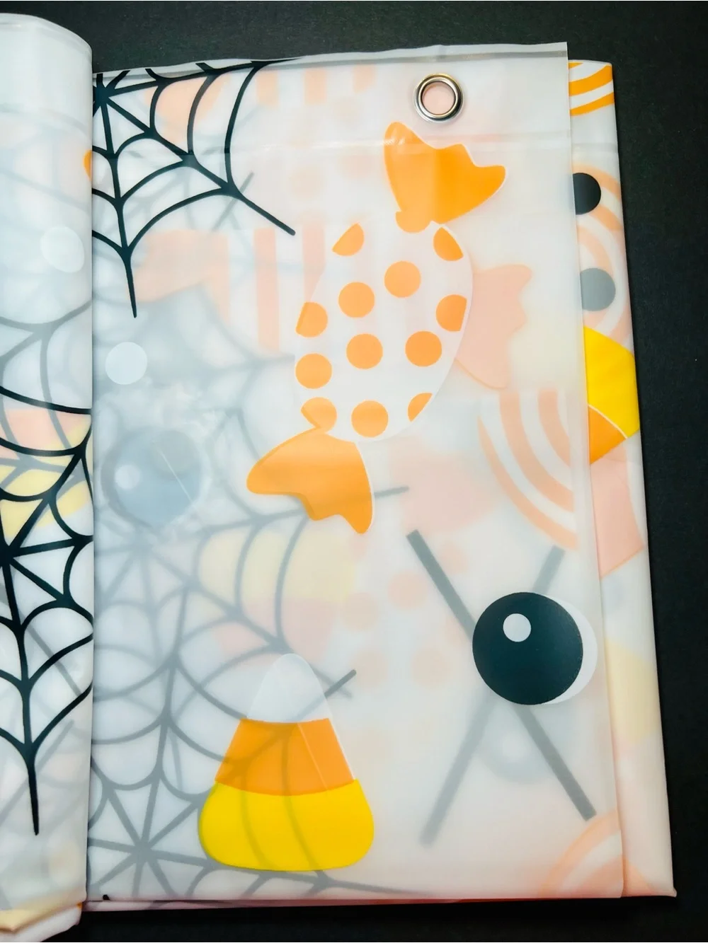 Halloween Peva Shower Curtain Orange Polka Dots Candy Corn Spiderwebs Grommets